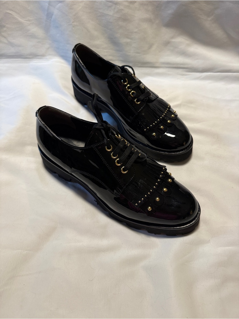 Baldinini Italy Black Patent Lug Sole Fringe Oxfords EU 40 Studded